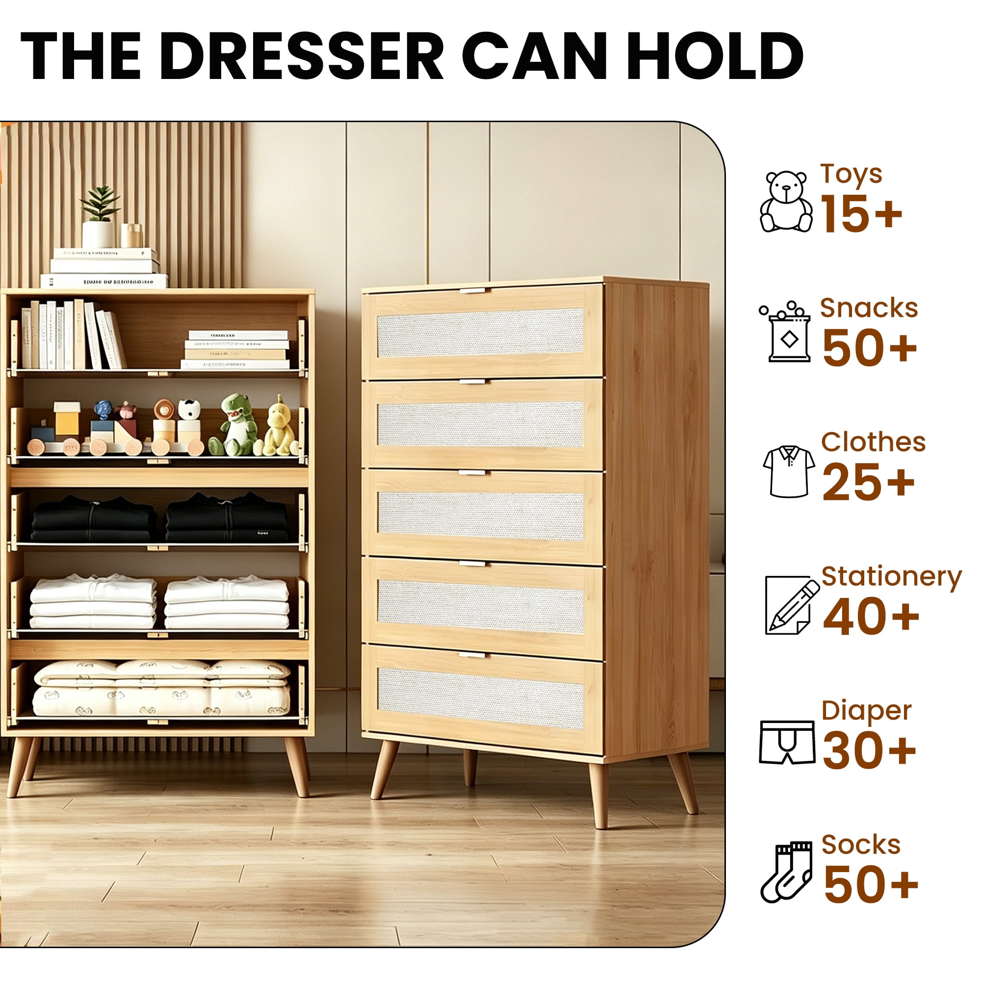 GALAXHERO Rattan 5 Drawer Dresser, Wooden Chest of Drawers, Boho Tall Dresser Closet Storage Organizer for Bedroom, Living Room, Hallway, Light Oak