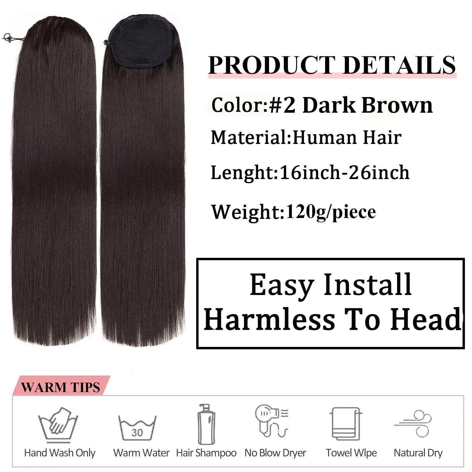 Bone Straight Drawstring Ponytail Wigs Clip In Hair Extensions #2 Wrap Around 100% Human Hair