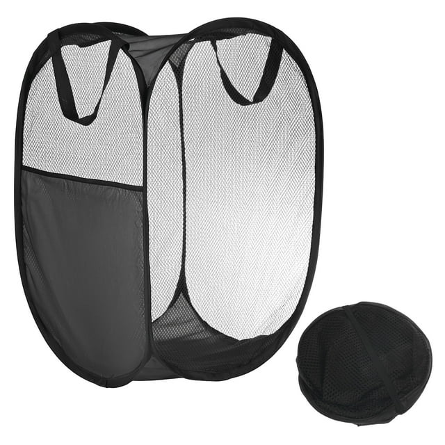 Cesto de lavandería de malla Uxcell con bolsillo lateral - Cesto plegable para viajes y residencias estudiantiles - Negro
