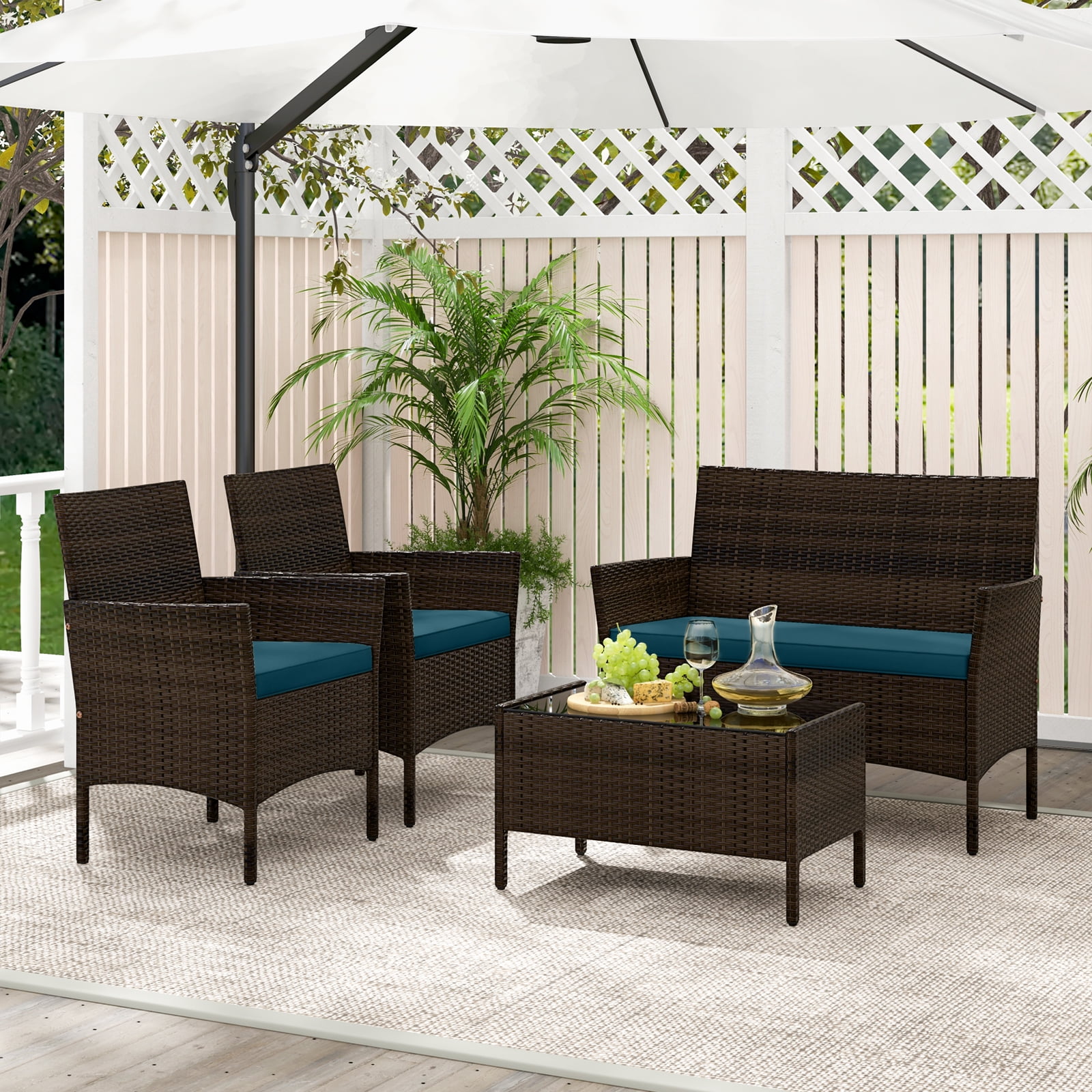 Topbuy 4 Piece Patio Rattan Conversation Set Outdoor Wicker Furniture Set w/ Chair Loveseat & Tempered Glass Table Peacock Blue