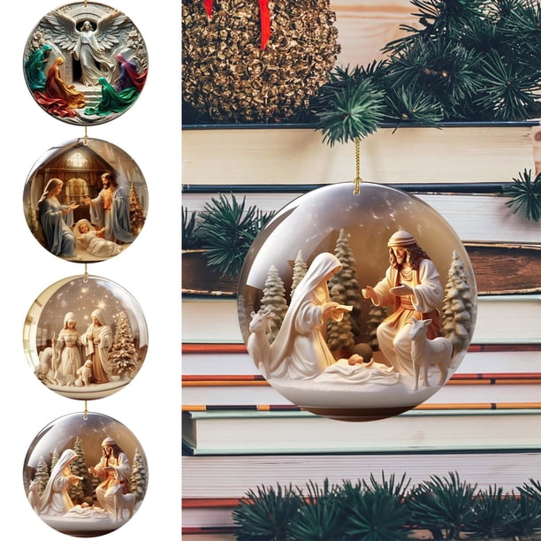 Corona de Belén de Navidad - Decoración religiosa acrílica para árbol y hogar - adorno colgante de 8x8 cm