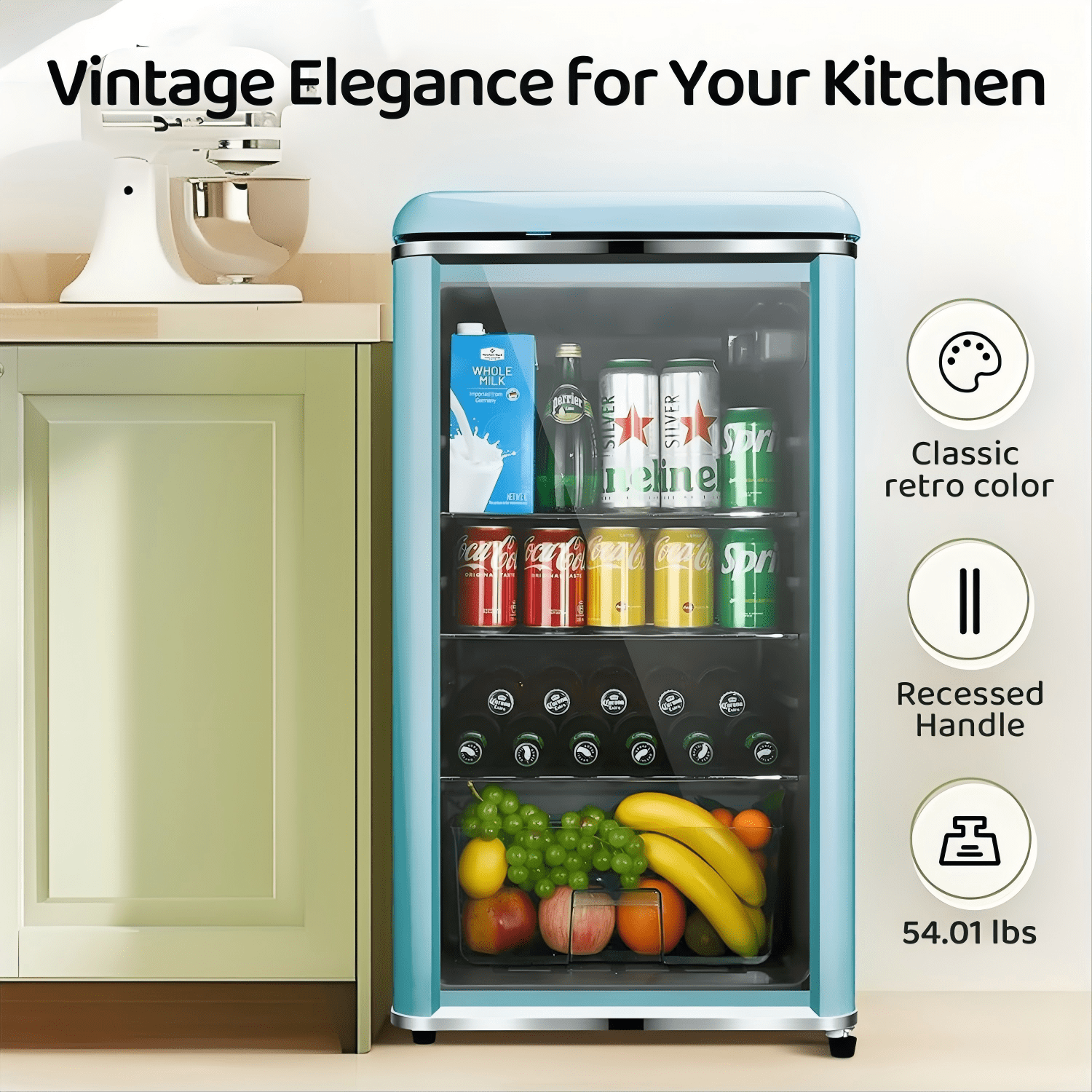 GGTB 4.0 Cu.ft Retro Beverage Refrigerator, 160-Can Mini Fridge with Double Glass Door, Adjustable Shelves, Blue