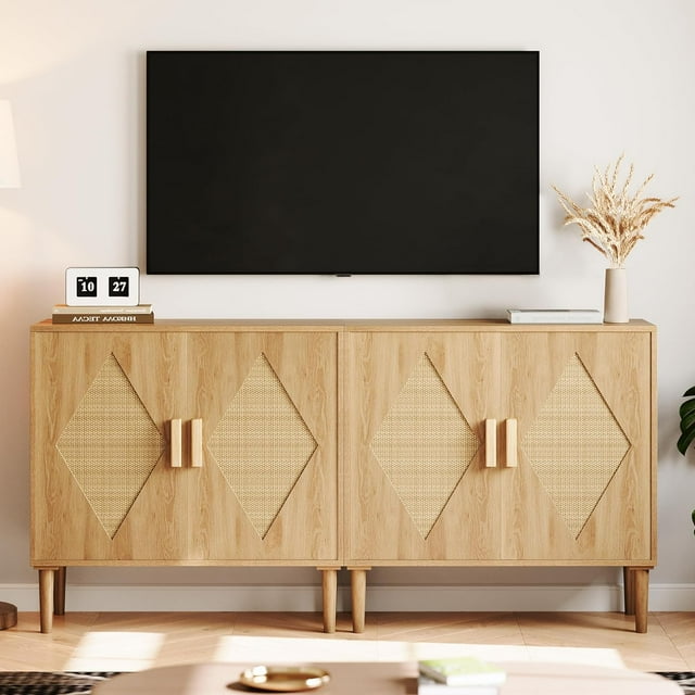 Two-Piece Dining Sideboard with Storage, Rattan Decorative Double Door Storage Cabinets, Sideboards and Decorative Cabins for Living Room, Dining Room, Foyer, Kitchen