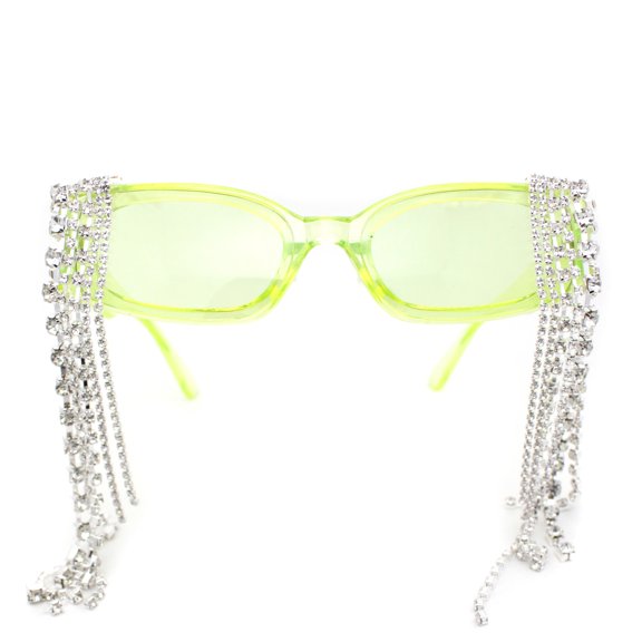 Heavy Dripping Rhinestone Tassel Bling Luxury Rectangle Sunglasses Green
