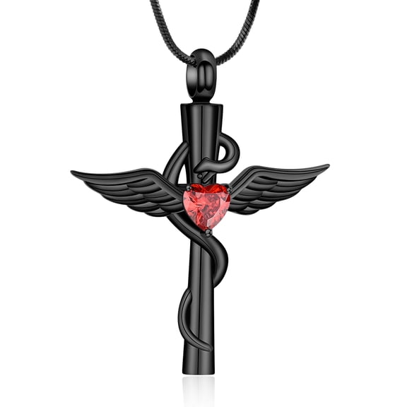 Angel Wing Cremation Urn Necklace for Ashes Cross with Birthstone Cremation Urn Pendant Necklace for Women Men Ashes Stainless Steel Memorial Jewelry