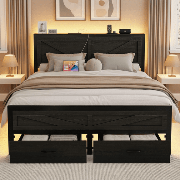 Full Size Bed Frame with Storage Drawers & Barn Door Headboard, Industrial Farmhouse Platform Bed with LED Lights & Charging Station, No Box Spring Needed (Black)