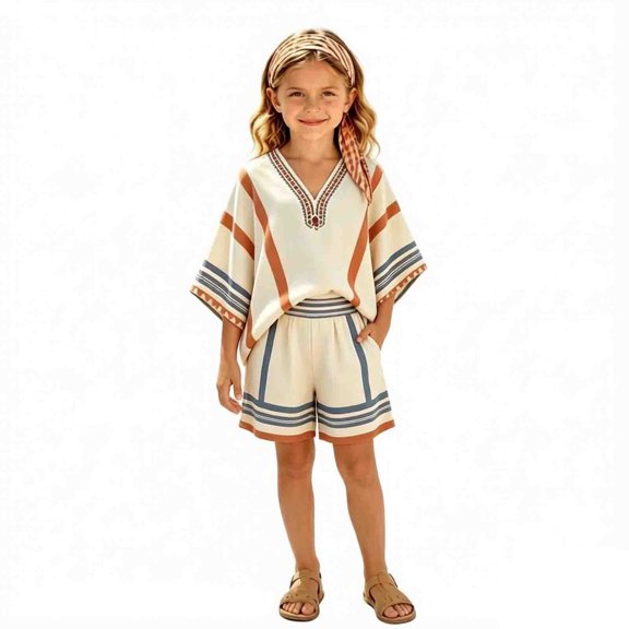 Outfits for Girls 2 Piece Bohemian Loose Fit Graphic Print V-Neck 3/4 Sleeve T-Shirt And Shorts Everyday Wear Baby Girls' Clothing Sets