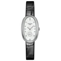 Longines Symphonette Stainless Steel Mother-of-Pearl Dial Black Leather Strap Diamonds Quartz Womens Watch L2.306.4.87.0