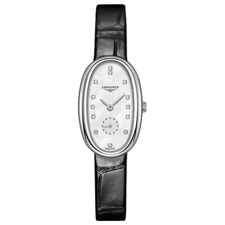 Longines Symphonette Stainless Steel Mother-of-Pearl Dial Black Leather Strap Diamonds Quartz Womens Watch L2.306.4.87.0