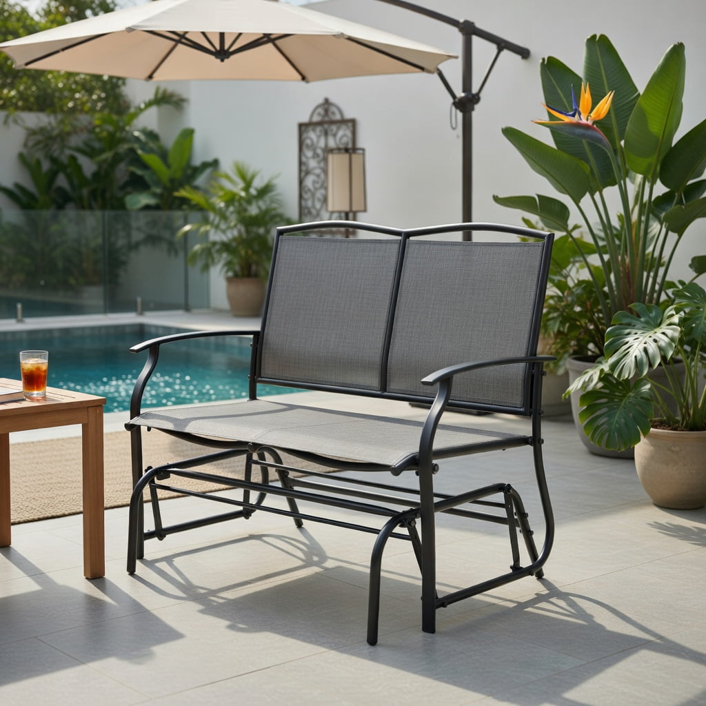 Hommoo Heavy-Duty Steel Outdoor Rocking Loveseat Chair, Textilene Patio Rocker for Backyard, Lawn, Deck or Indoor Living Space, Gray