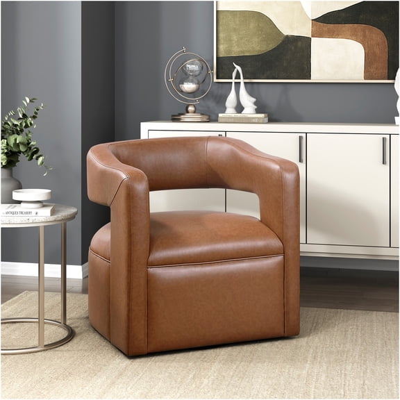 JERFIT Modern Swivel Accent Chair, 360° Rotation, Faux Leather Upholstery, Barrel Back Design for Living Room, Office, Camel