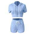 thumbnail image 4 of qILAKOG Women 2 Piece Outfits Lounge Matching Sets Casual Tracksuit With Short-Sleeved Zipper Hoodie And Casual Drawstring Shorts 2 Piece Lounge Set, XS&Blue, 4 of 5