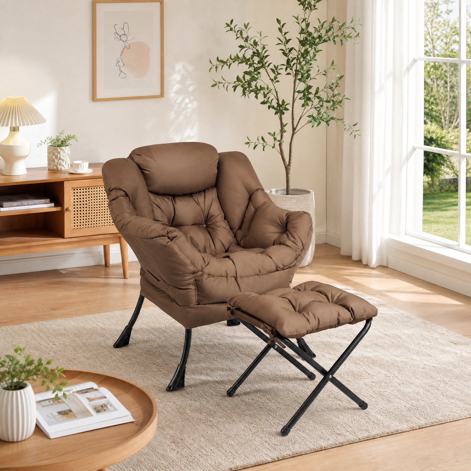 Furnibear Modern Accent Sofa Chair with Folding Footrest and Side Pocket for Living Room Bedroom and Balcony Reading Nook, Brown