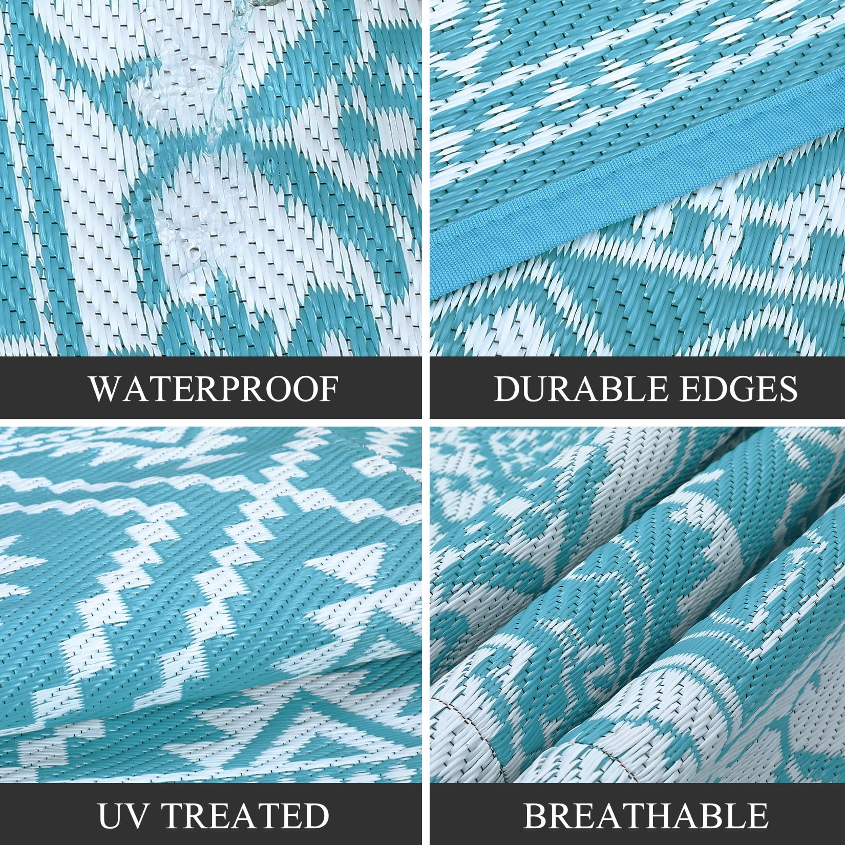 GlowSol 8x10 Outdoor Rug for Picnic Beach Deck-Outdoor Waterproof Patio Rug Indoor Outdoor Boho Geometric Area Rug Reversible Rug, Light Blue/White