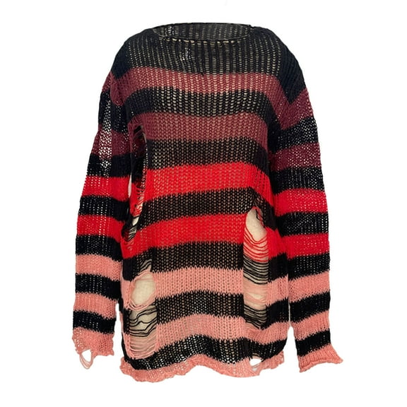 hotojiny Women Oversized Sweaters Long Sleeve Crew Neck Loose Knit Pullover Tops Crochet Hollow Out Striped Sweater