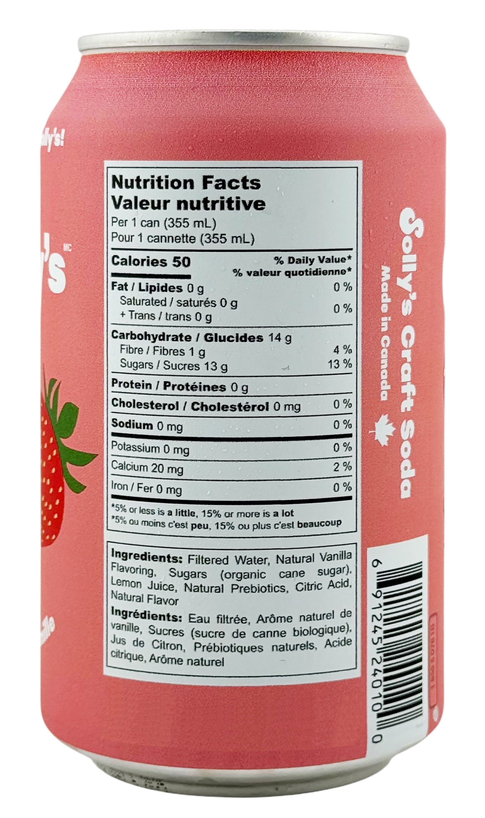 Solly's, Strawberry and Vanilla Prebiotic Craft Soda, 355 ml, 4 pack Cans, 4 x 355 mL