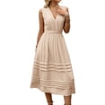 thumbnail image 2 of Women'S Vacation Solid Color Sleeveless V-Neck Elastic Waist Dress Apricot S, 2 of 7