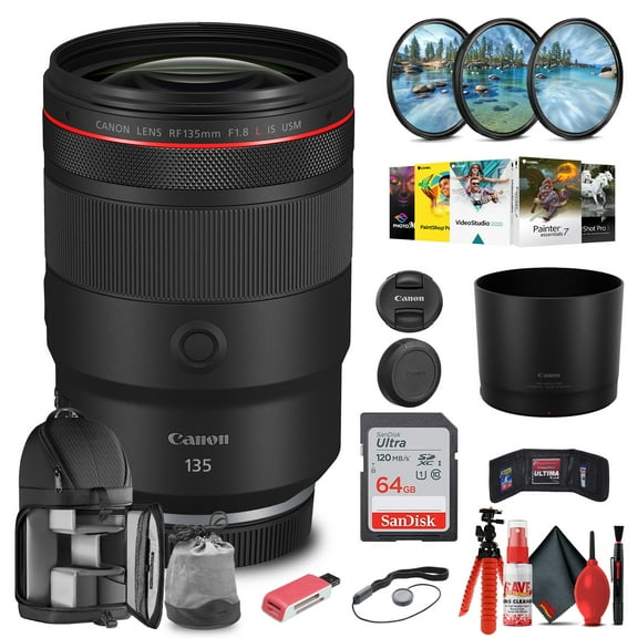 Canon RF 135mm F/1.8 L IS USM Lens with 64GB Extreme Pro Card   Photo Software (International Version)