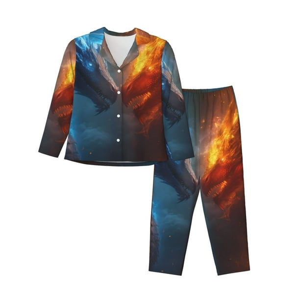Balery Red And Blue Fire Dragon E Conjunto de Pijama con Estampado para Mujer, Conjunto de Dos Piezas con Manga Larga, Ropa de Dormir Suave con Bolsillos, Pijamas Cómodos-Small
