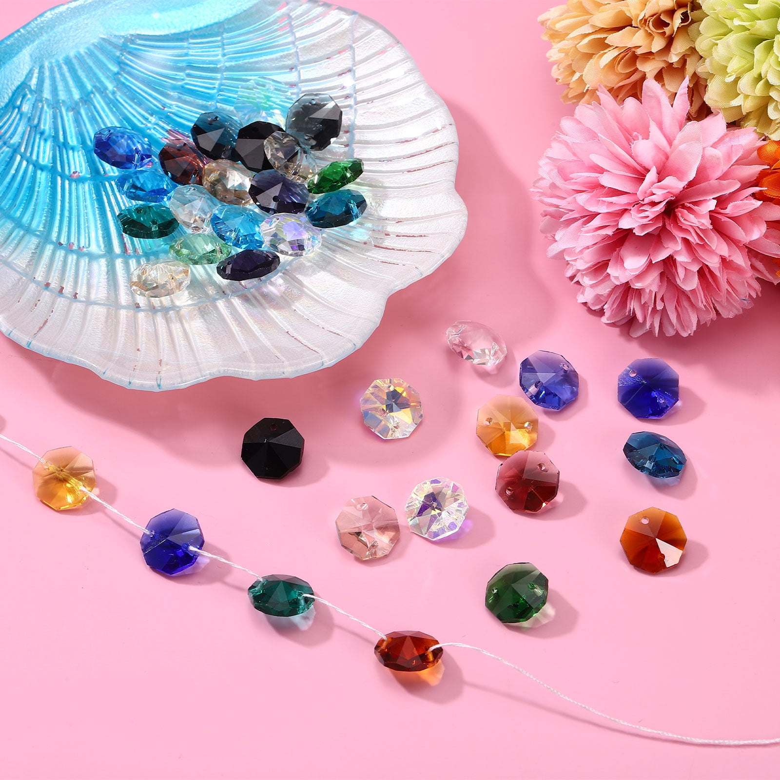 Uxcell 14mm Glass Octagon Beads, Sun Catcher Beads Bulk 2 Hole Sun Catcher Pendants 0.55" & 120 Pcs & Peacock Green-Fitting for (Arts Crafts/Crystal Chandelier Repair/DIY Wind Chime)