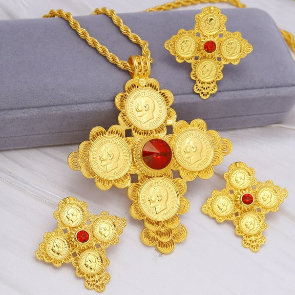 Ethiopian 14K Yellow Gold Jewelry Set Eritrean Cross Pendant Coin Ring Earrings Bracelet Sets for Woman Wedding Party Gift