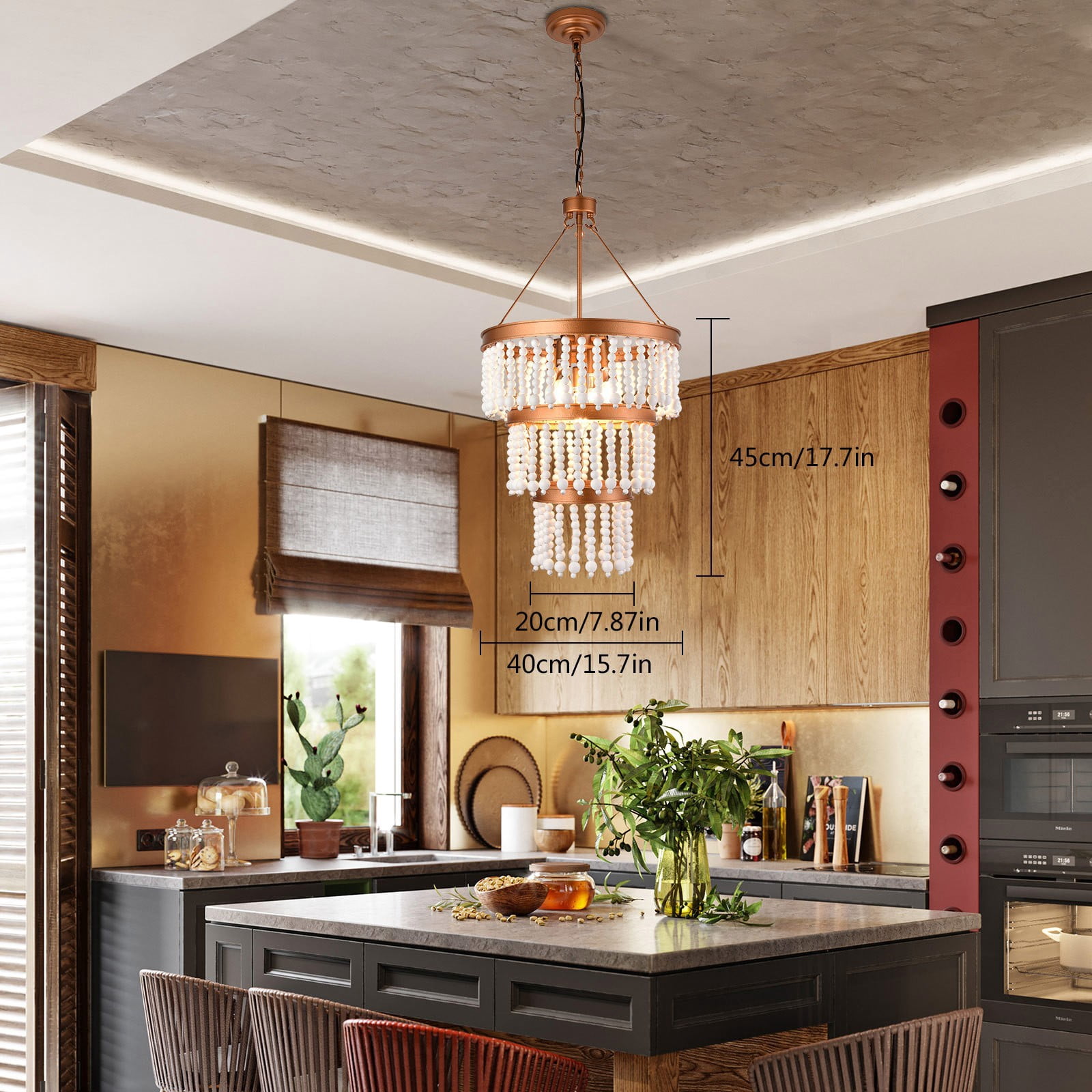 15.7" Modern Bohemia Wood Bead Chandelier 5-Light Pendant Lamp Ceiling Light Fixture for Dining Room