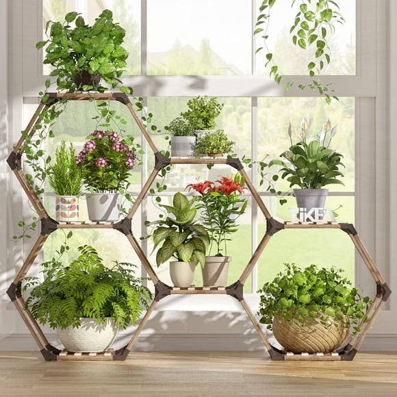 Hexagonal Plant Stand Indoor Outdoor, 7 Tiers Large Wooden Sturdy Creative DIY Plant Shelf Holder Rack for Window, Corner, Living Room, Balcony, Garden, Office