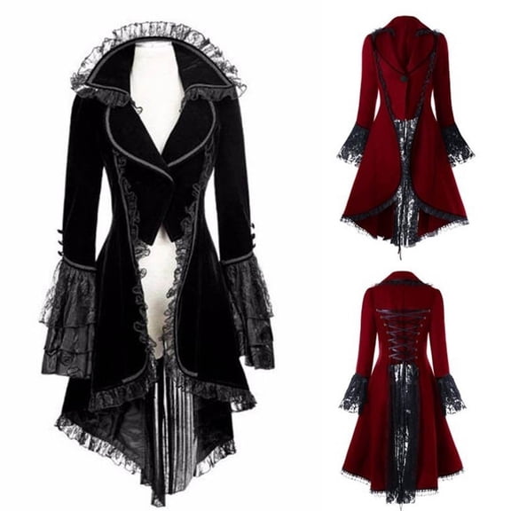 Womens Gothic Tailcoat Jacket With Ruffle Trim Long Sleeve Coat For Party Cosplay And Stage Wear Halloween Gifts And Events