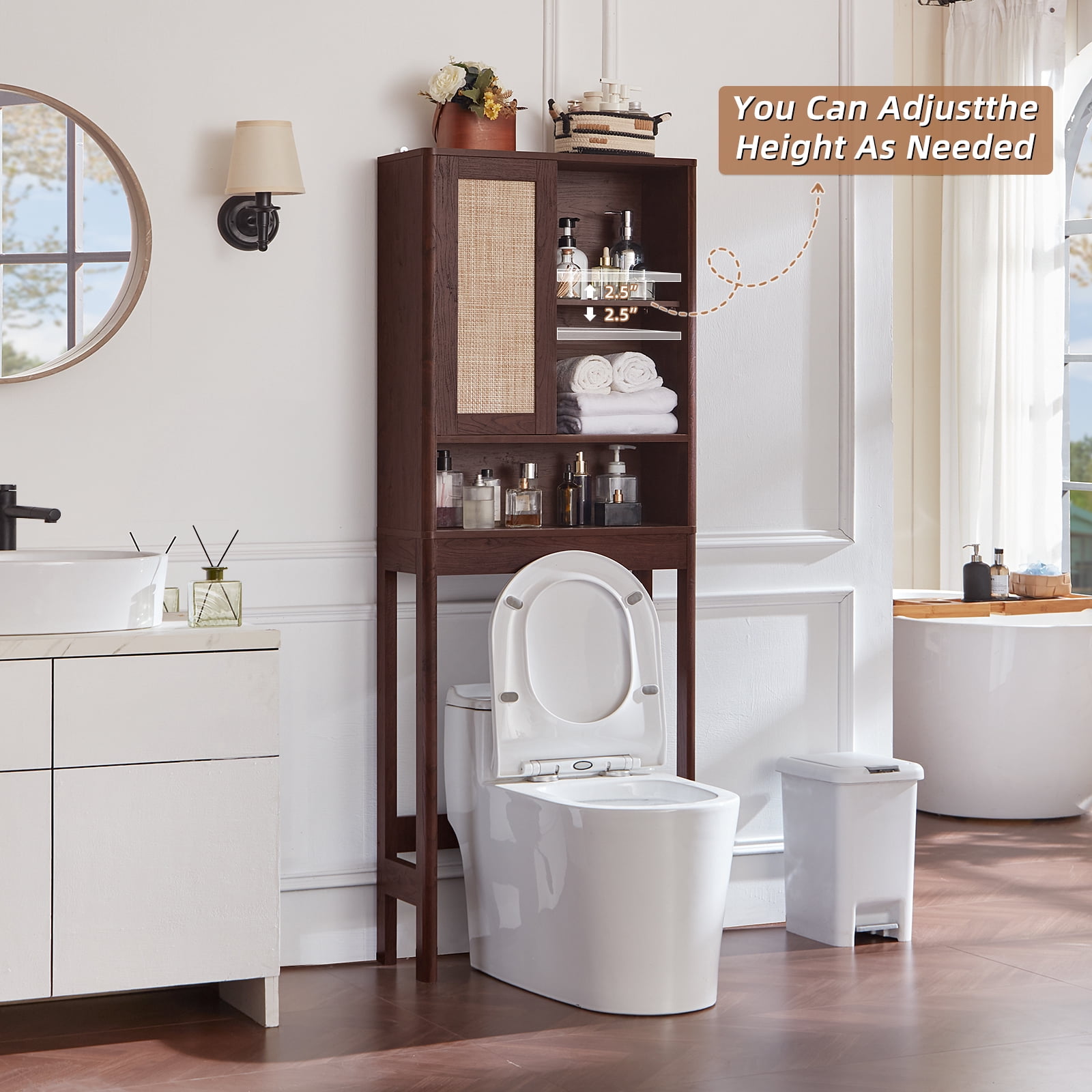 LELELINKY Over The Toilet Storage Cabinet with Rattan Sliding Door, 68" Tall Wood Bathroom Organizer with Adjustable Shelf for Small Spaces, Walnut