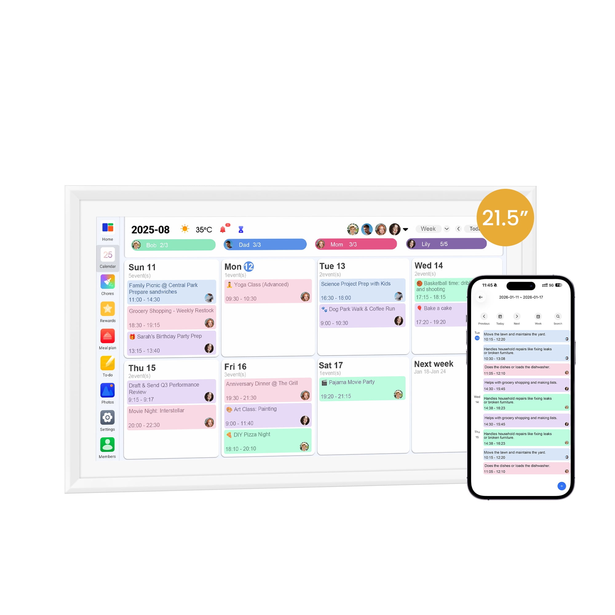 Winnovo 21.5-inch Smart Digital Wall Calendar, Touchscreen Family Planner with Wifi, No Subscription, White