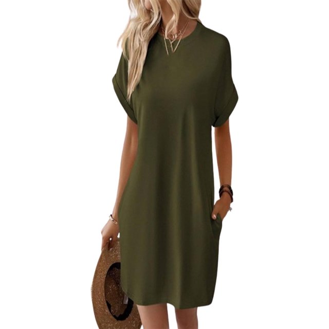Robes d'Été à Manches Courtes pour Femmes avec Poches Robe T-Shirt Simple Unie avec Poches
