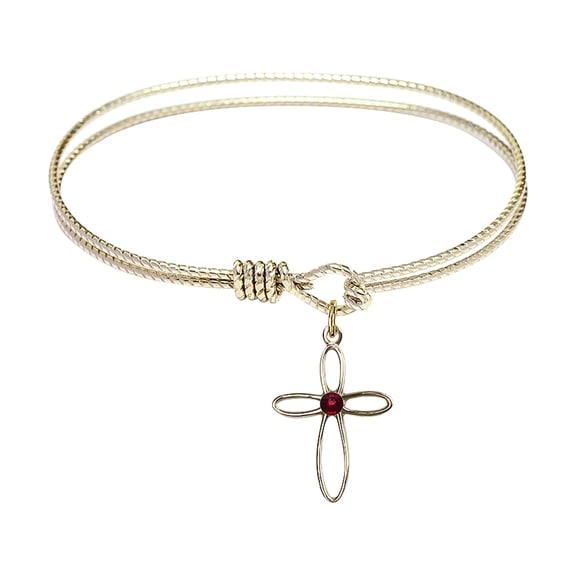 6 1/4 inch Oval Eye Hook Bangle Bracelet w/ Loop Cross medal charm w/ January Red Swarovski Crystal
