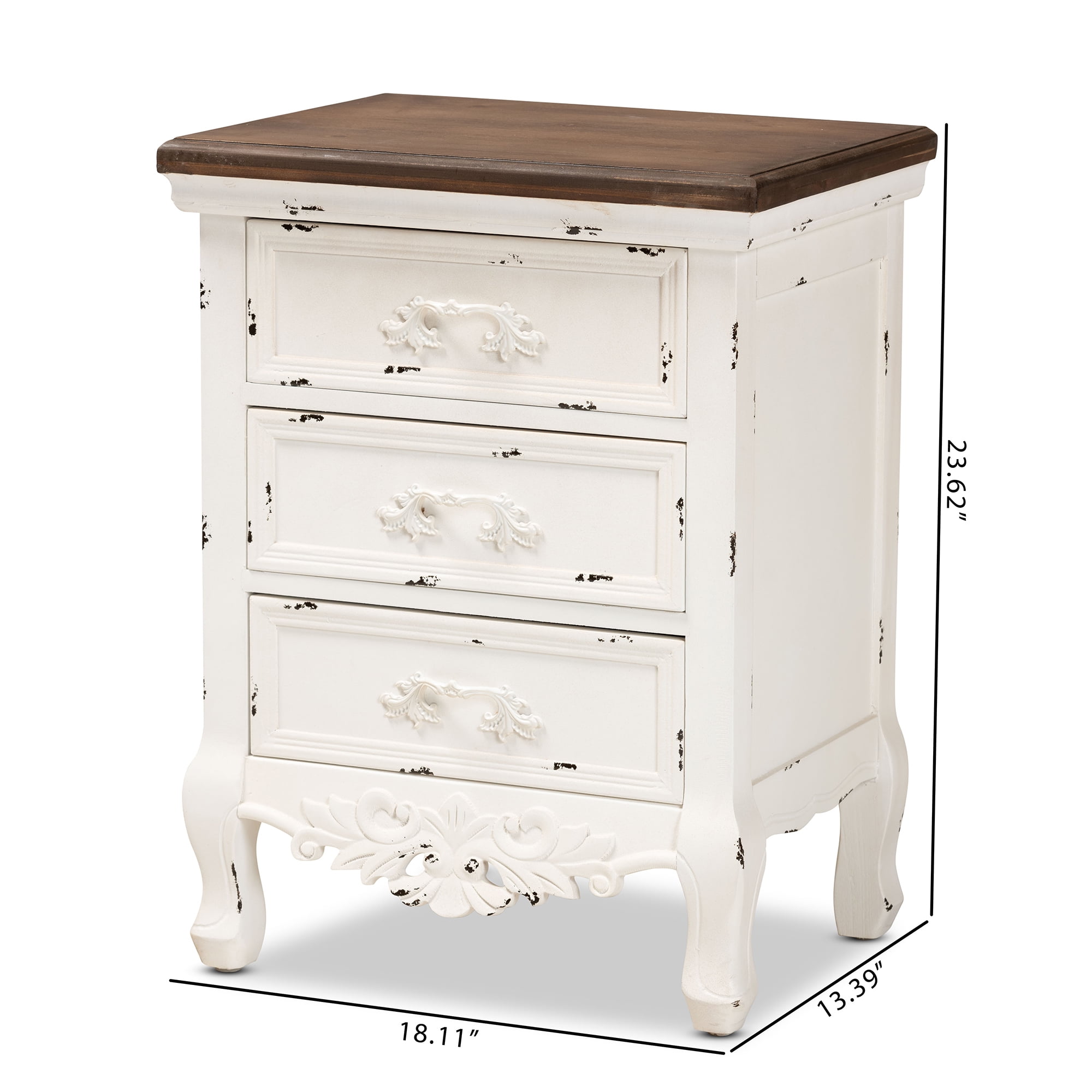 Baxton Studio Levron Classic and Traditional Walnut Brown and Antique White Finished Wood 3-Drawer End Table