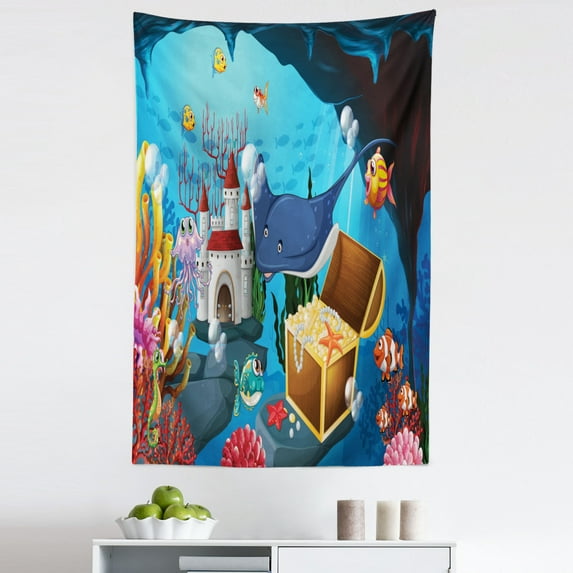 Underwater Ocean Tapestry, My Fish Friends Aquarium Stingray Castles Treasure Pearls Colorful Cartoon, Fabric Wall Hanging Decor for Bedroom Living Room Dorm, 5 Sizes, Multicolor, by Ambesonne