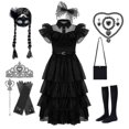 thumbnail image 1 of Wednesday Addams Robe de Cosplay Costume Enfants Filles Fête Robes Noires Collier Masque, 1 of 5