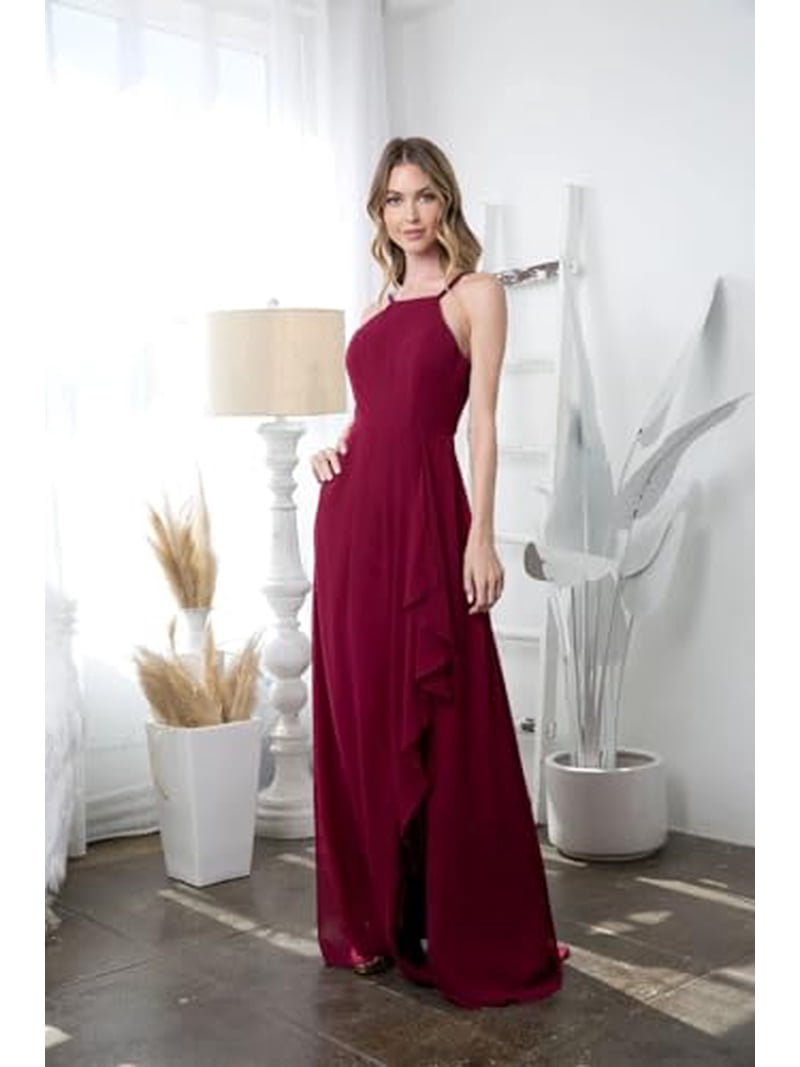Women's Eva USA 3440 Long Halter Formal Chiffon Bridesmaids Dress Hunter Green XS