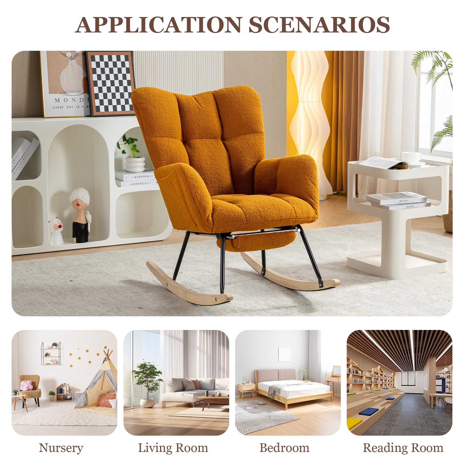 WIILAYOK Rocking Chair with Foot Rest,Teddy Upholstered Glider Chair with High Back Side Pocket Accent Rocker Arm Chair for Living Room Bedroom Office,Caramel
