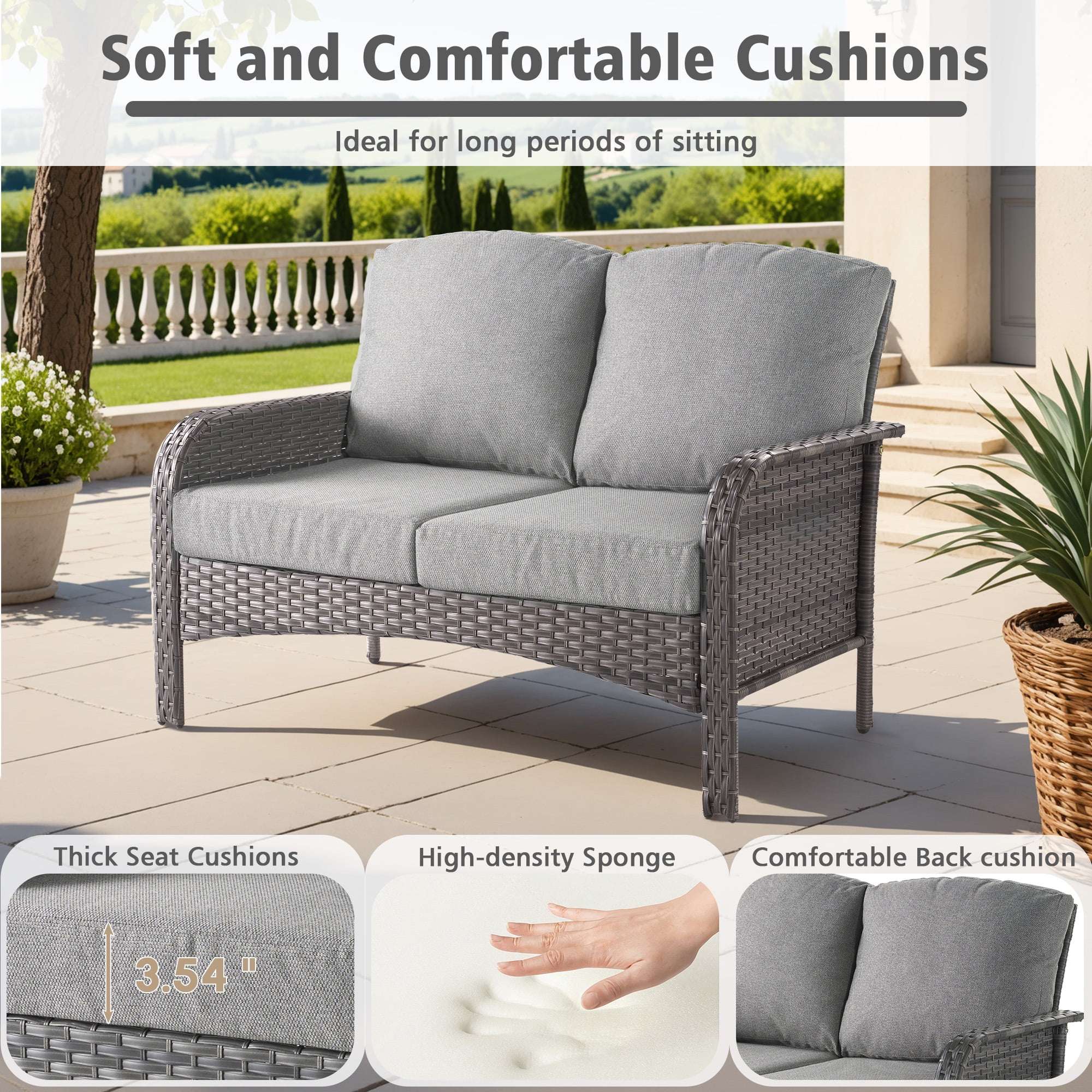 Ovios 2 Pieces Outdoor Patio Furniture High Back Wicker Rattan Outdoor Sectionals Set with Table for Backyard Balcony