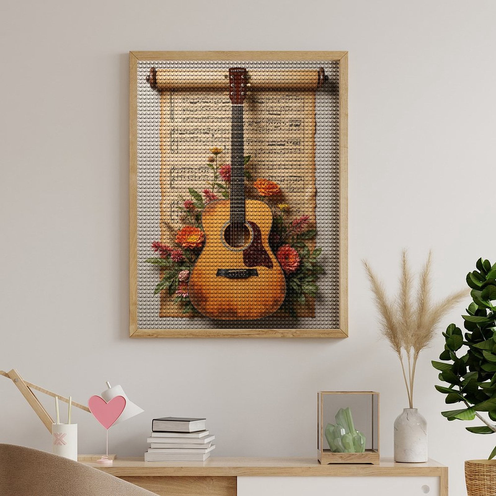 Diamond Art Kits for Adults, Guitar Floral Sheet Music Display 5D Diamond Painting Kits for Adults Beginners, DIY Full Drill Diamond Painting, Gem Art and Crafts 12x16