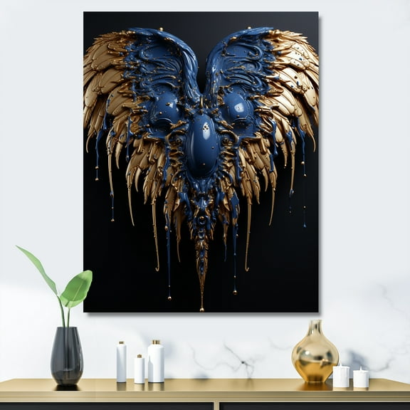 Designart "Angel Wings in Royal Blue and Gold II" Fashion Canvas Wall Art - Glam Gold Fantasy Entryway Wall Art