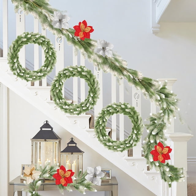 Guirnalda Navideña de Flores de Ratán con Follaje de Silicona Suave, Decoración Navideña para Repisas, Puertas y Escaleras, Decoración Navideña para Interiores y Exteriores.