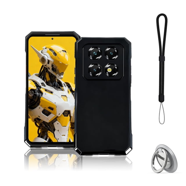 funda noukaju para oukitel wp60 tpu protectora negra, vista centrada frontal y trasera. funda negra delgada de TPU+PC con esquinas reforzadas y textura suave en la parte trasera, recorte cuadrado para cuatro lentes de cámara y orificios precisos para botones, altavoz y puertos; incluye correa de muñeca y anillo de soporte, también adecuada para mejorar el agarre al usar el teléfono.