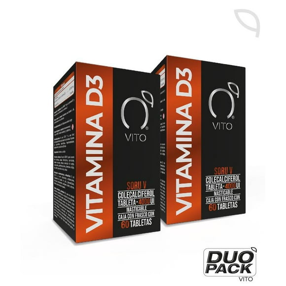 Vitamina D3 Duo Pack | VITO | Colecalciferol 4000 UI 2 Frascos con 60 Tabletas Sabor Naranja c/u