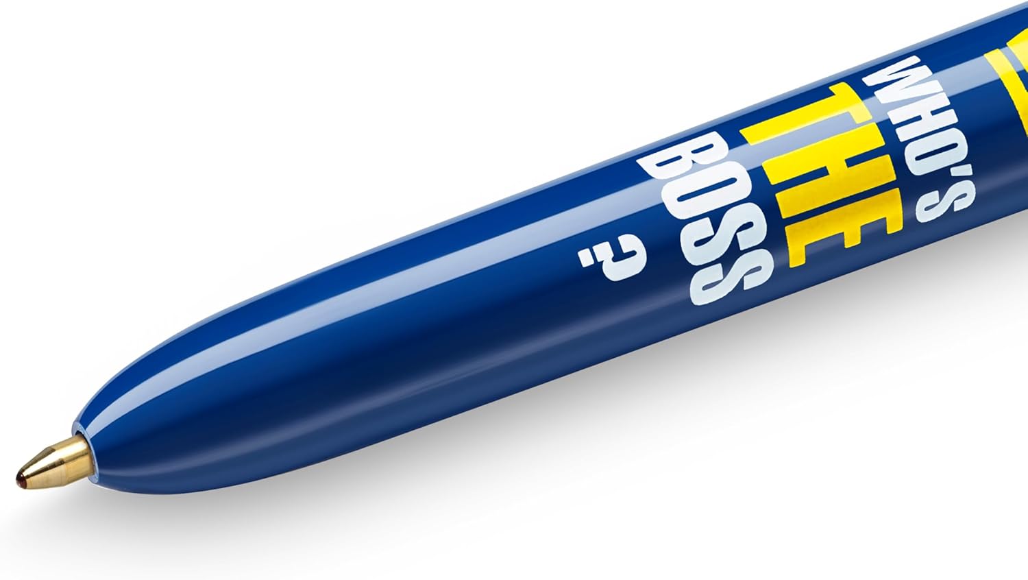 BIC 4 Colours Messages Ballpoint Pens Medium Point (1mm) - Who's The Boss Design, Box of 12