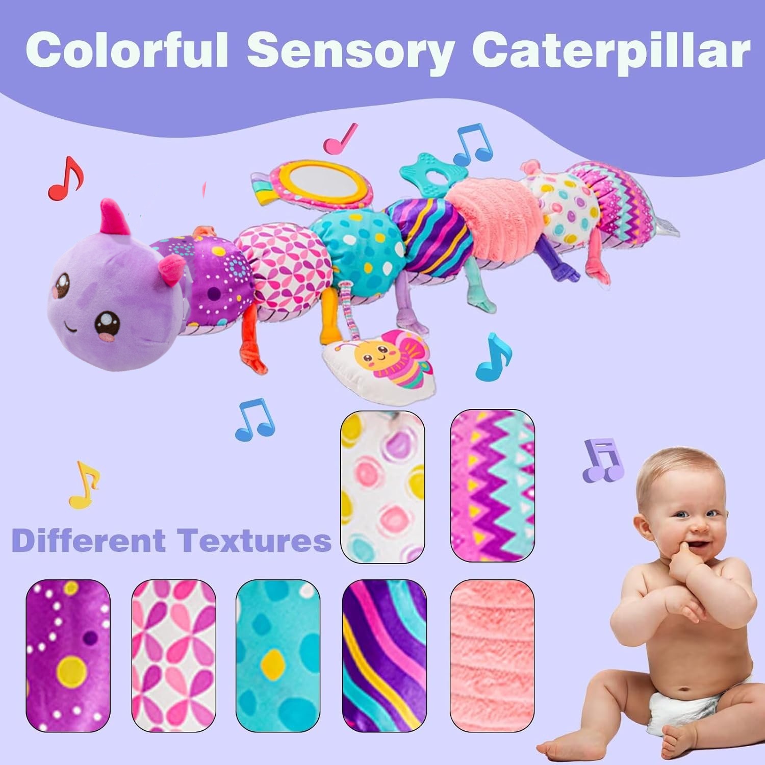 Baby Girls Toys 0-6 Months,6-in-1 Infant Musical Caterpillar Toys Stuffed Animals with Ruler Design,Mirror,Pull String&Ring Bell,Baby Girl Gift, Baby Girl Toys 6 to 12 Months