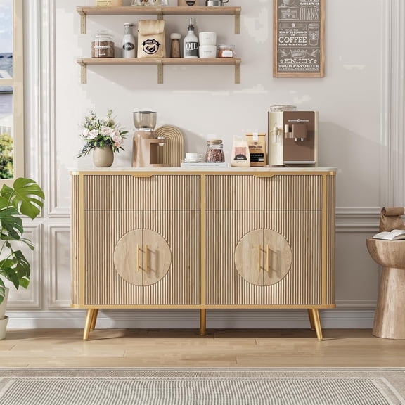 Vecenuy 47.2" Fluted Buffet Cabinet with 2 Drawers & Adjustable Shelves, Modern Sideboard for Dining Room, Living Room, Hallway, Natural Oak