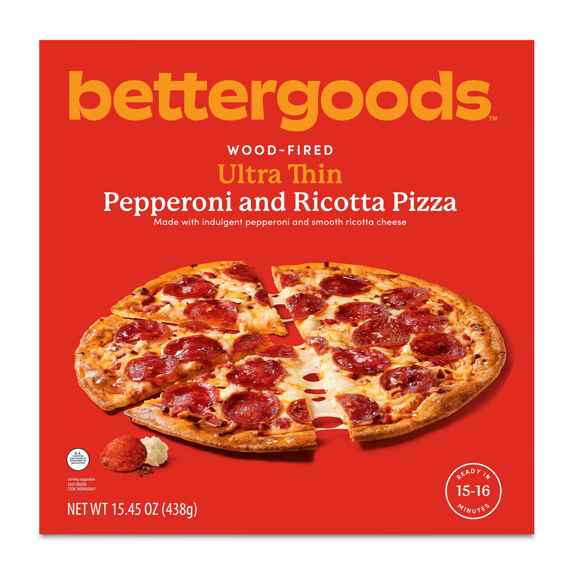 bettergoods Wood-Fired Ultra Thin Pepperoni and Ricotta Pizza, 15.45 oz (Frozen)