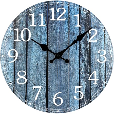 Small Wall Clock, 10'' Frameless Wooden Wall Clocks with Silent Quartz Movement, Rustic Coastal Country Village Clocks Decorative for Kitchen Bedroom Living Room, Blue