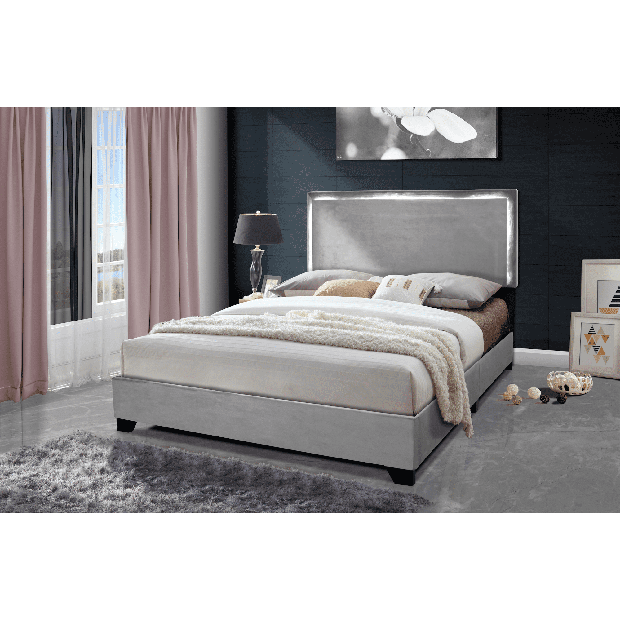 Aerys King Platform Bed Frame With Led Lights Upholstered Grey Velvet Canada Aerys King Platform Bed Frame With Led, Led King Bed