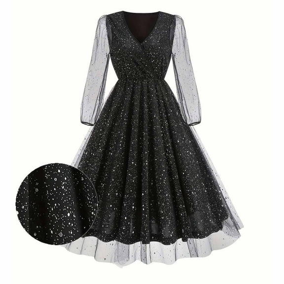 Fewfanhot Formal Dresses for Women V Neck Sleeveless Sequin Cocktail Party Midi Long-sleeved Dress Formal Dress